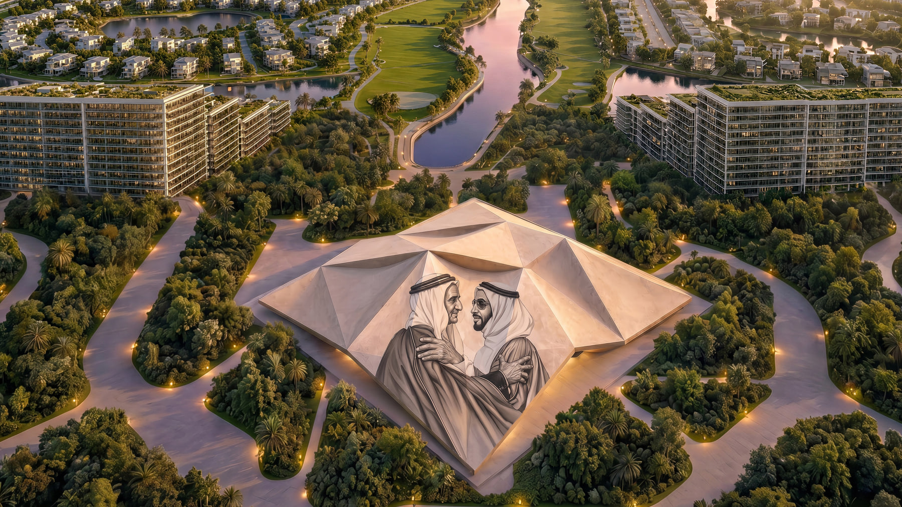 Aerial view of Abu Dhabi Mira Hills, with residential districts surrounding the golf course and lagoons