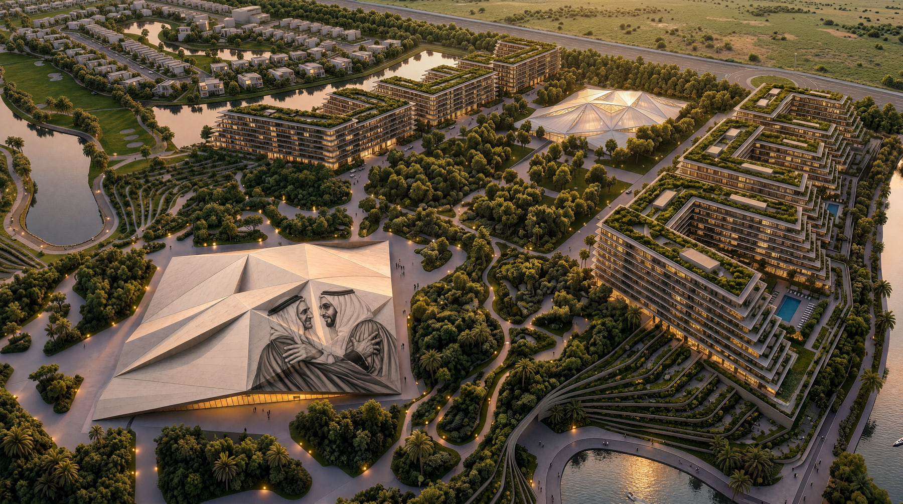 The residential districts of Abu Dhabi Mira Hills at dusk, the central park and lagoon network between them