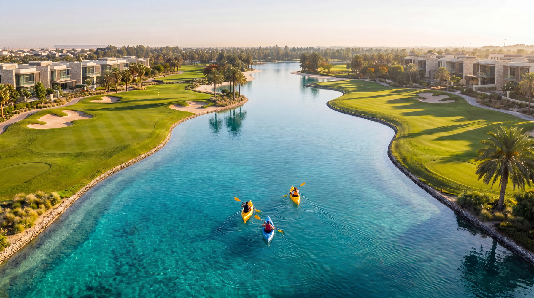Kayakers on the seawater lagoon network at Abu Dhabi Mira Hills