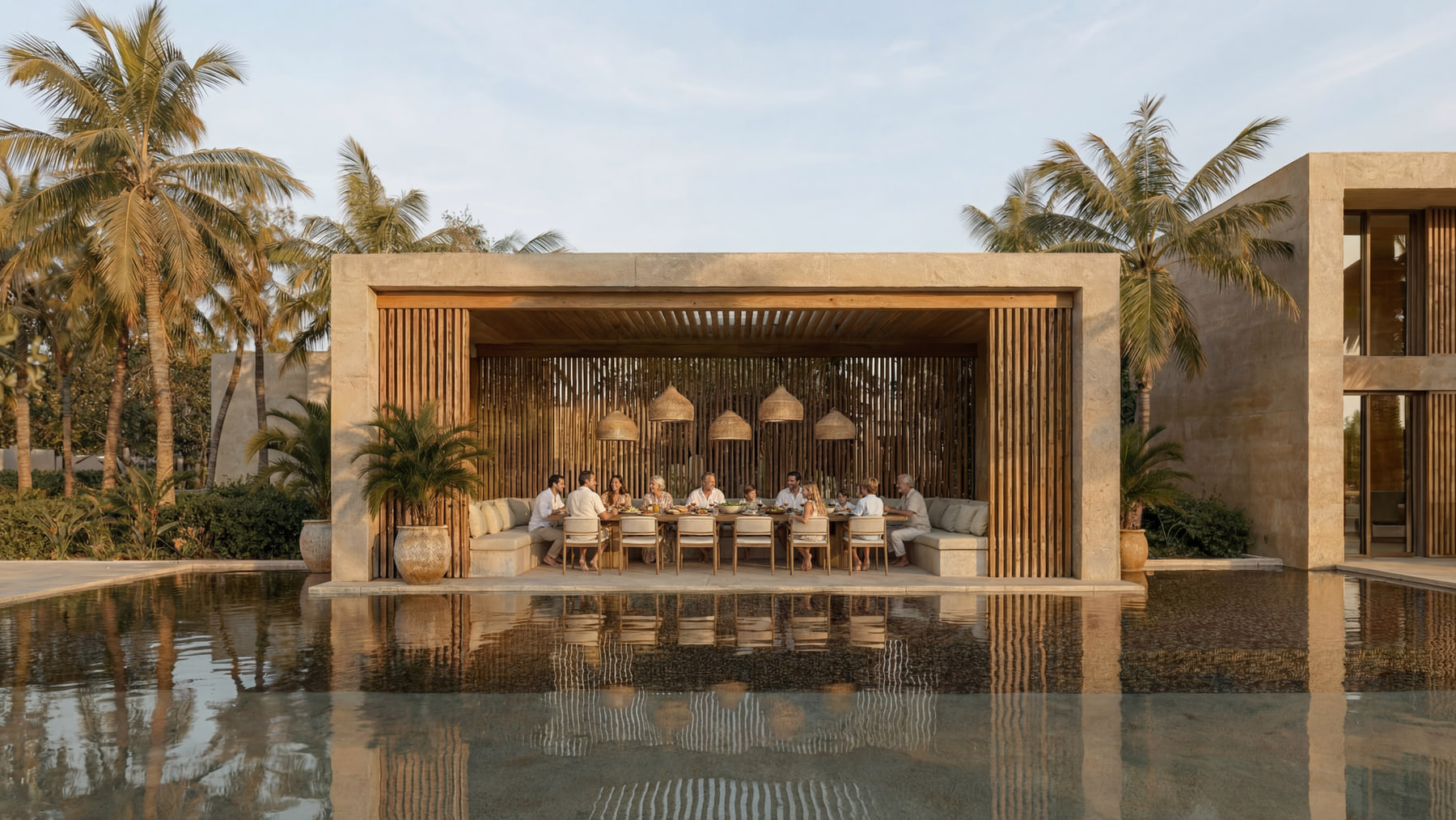 The poolside dining pavilion at sunset at Abu Dhabi Mira Hills
