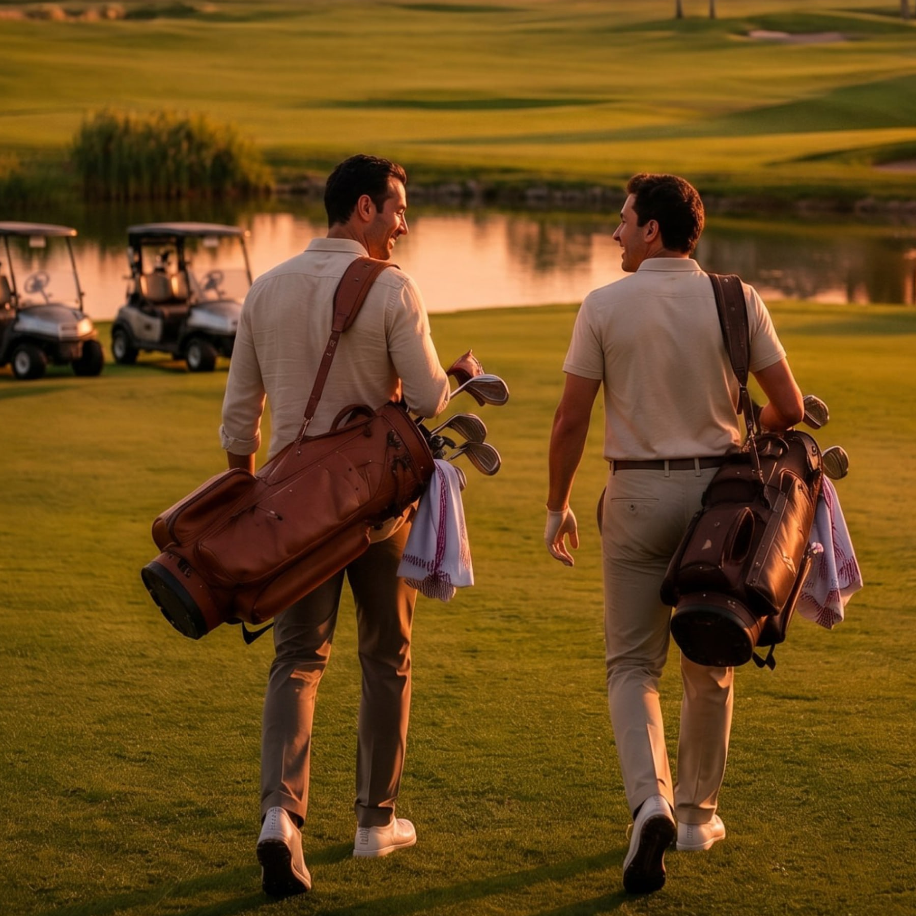 Two golfers walking the championship golf course at Abu Dhabi Mira Hills at sunset