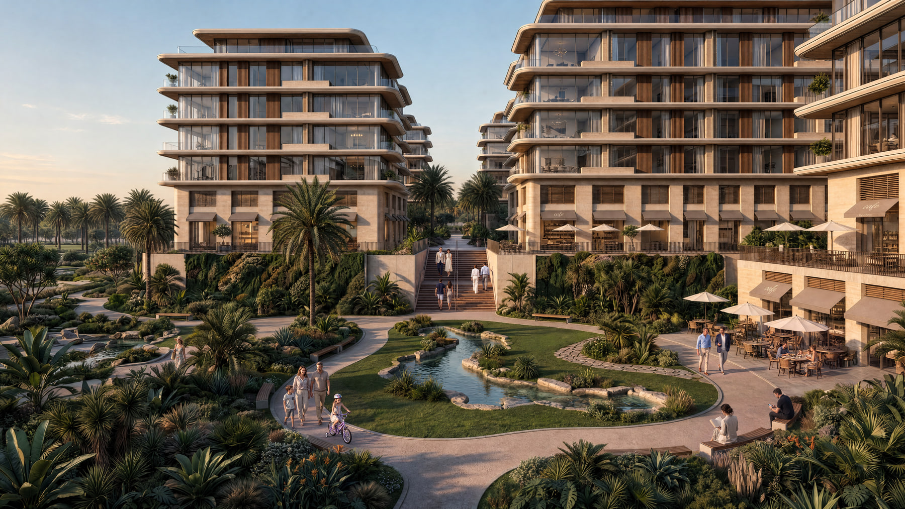 Apartment buildings and a garden courtyard at Abu Dhabi Mira Hills