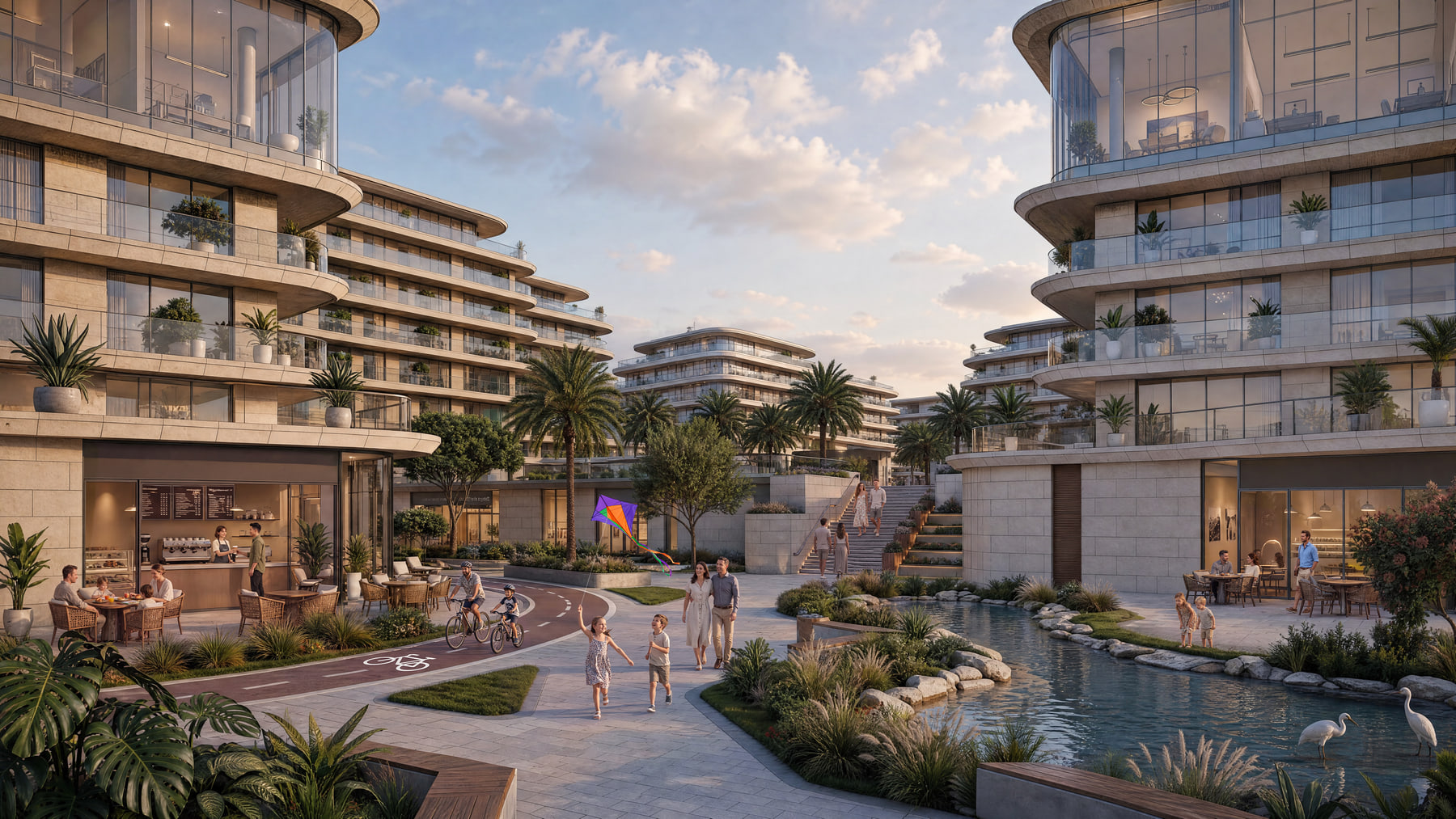 The waterfront promenade between residential buildings at Abu Dhabi Mira Hills