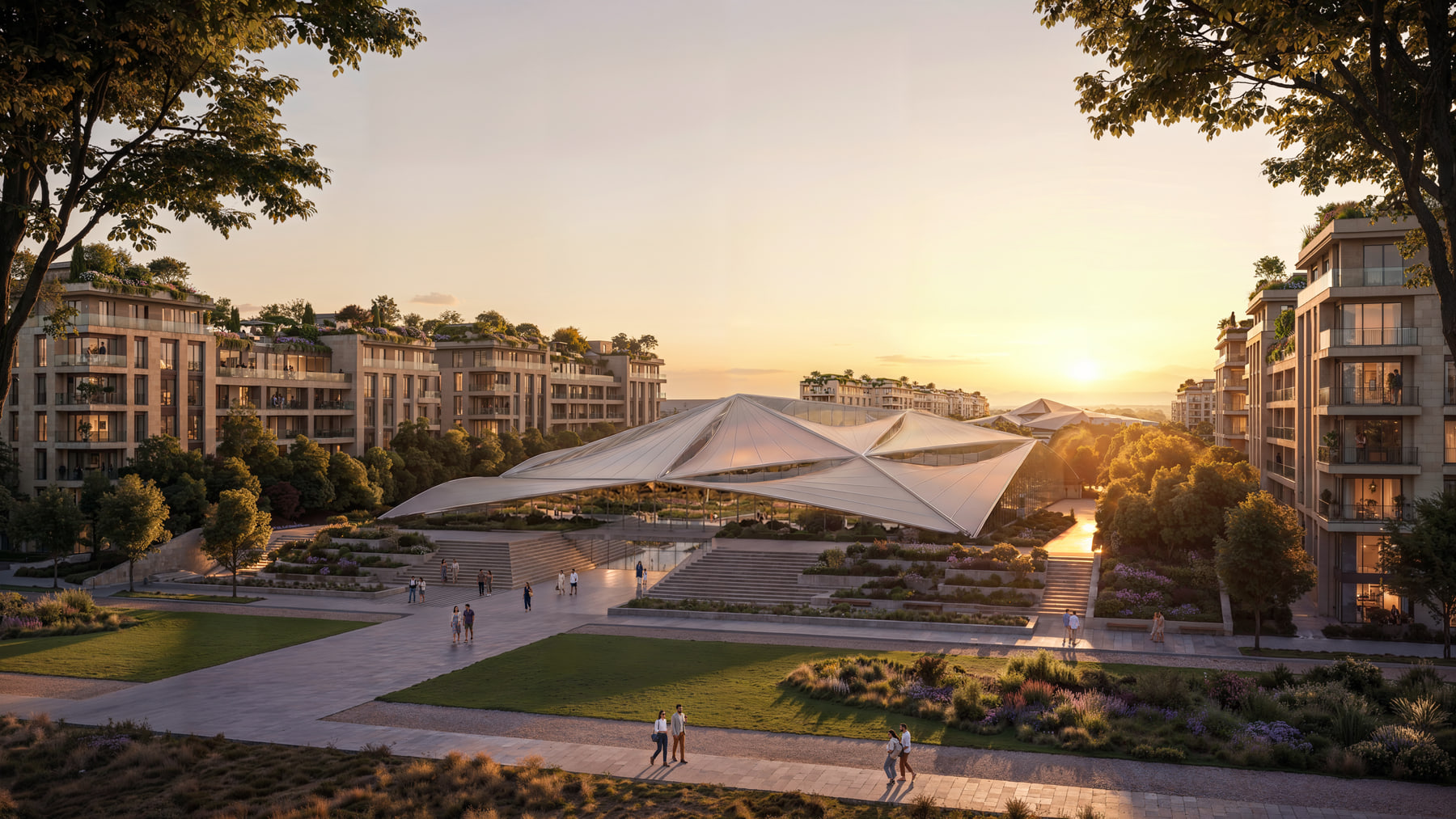 Landscaped pedestrian level above the road network at Abu Dhabi Mira Hills