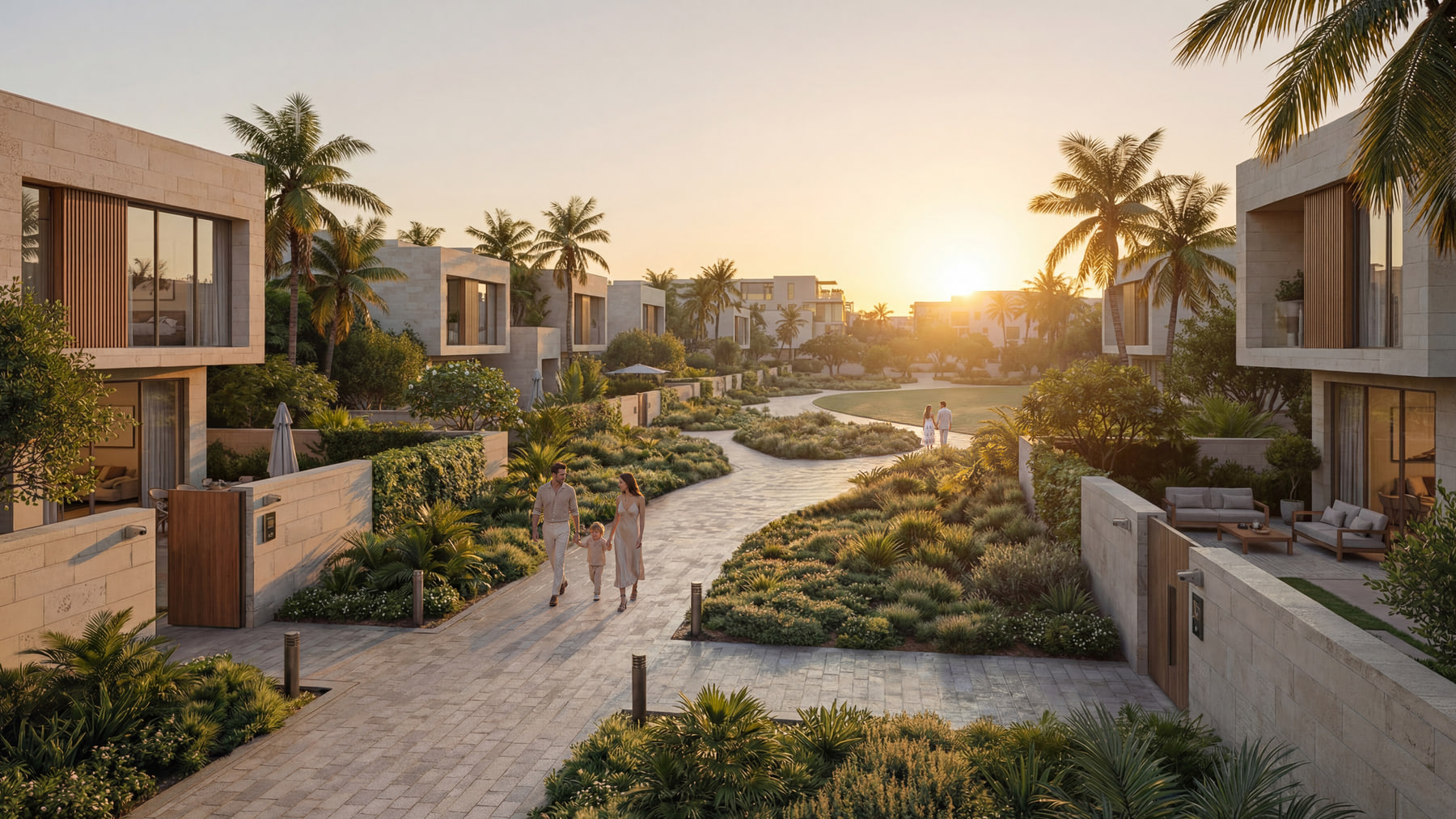 A townhouse street at sunset at Abu Dhabi Mira Hills