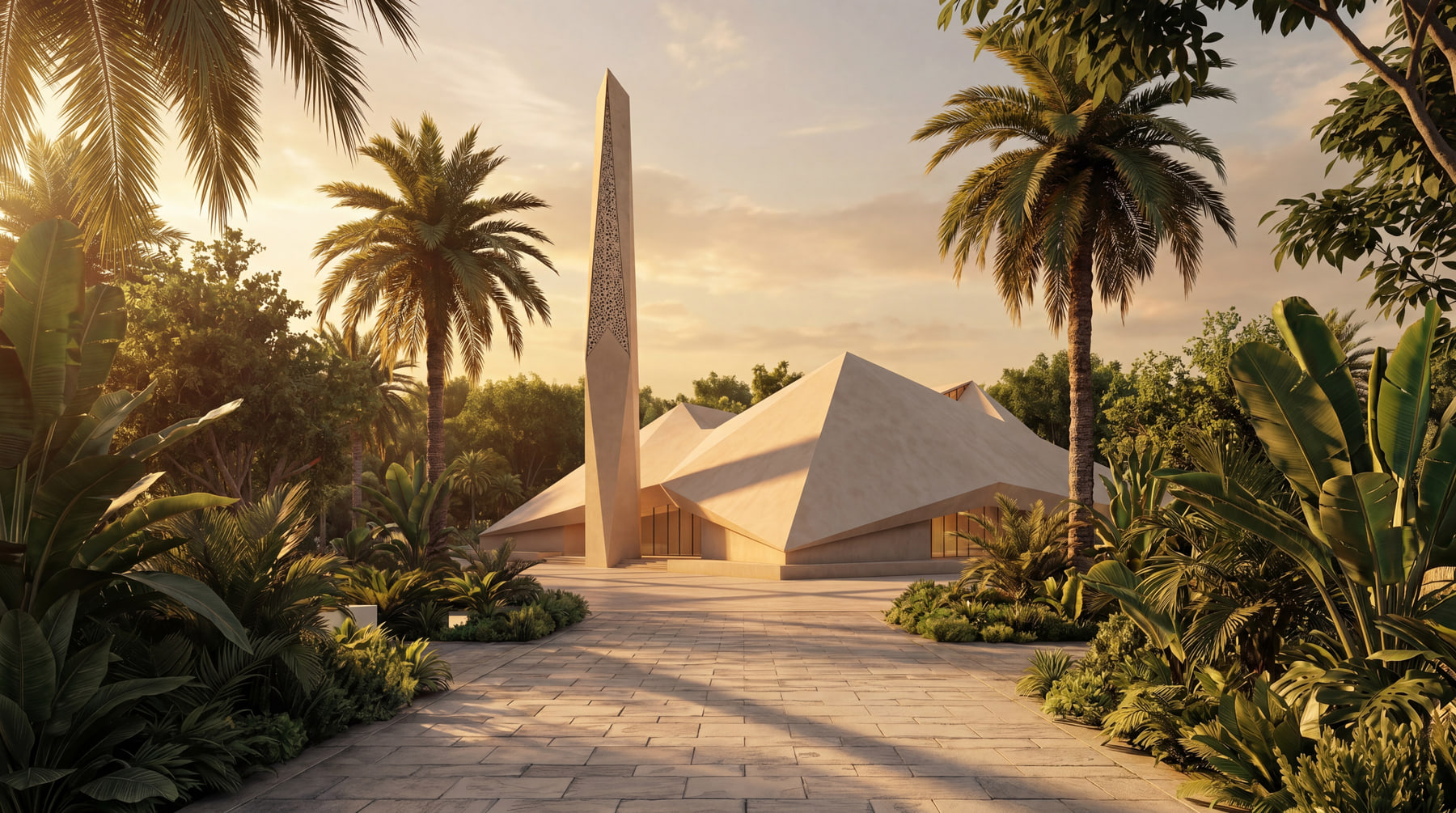 The cultural pavilion and obelisk at Abu Dhabi Mira Hills at sunset