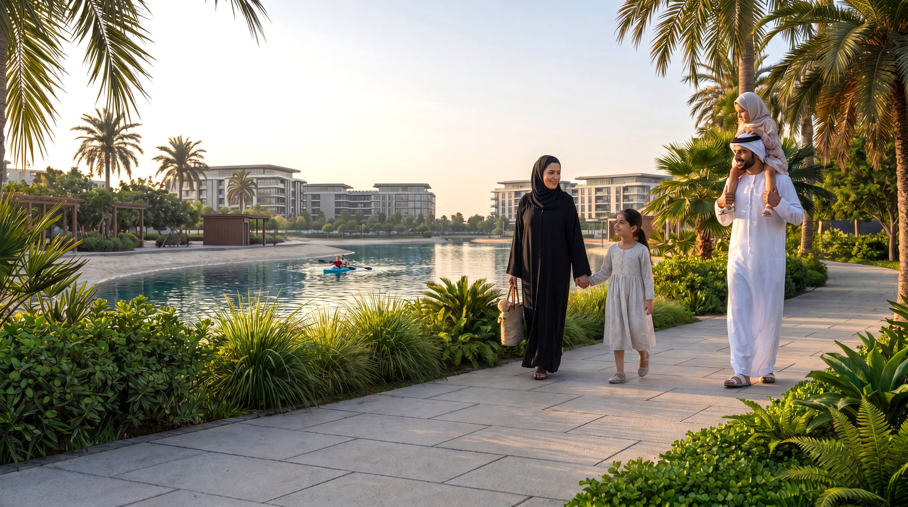 A family walking the lakeside promenade at Abu Dhabi Mira Hills